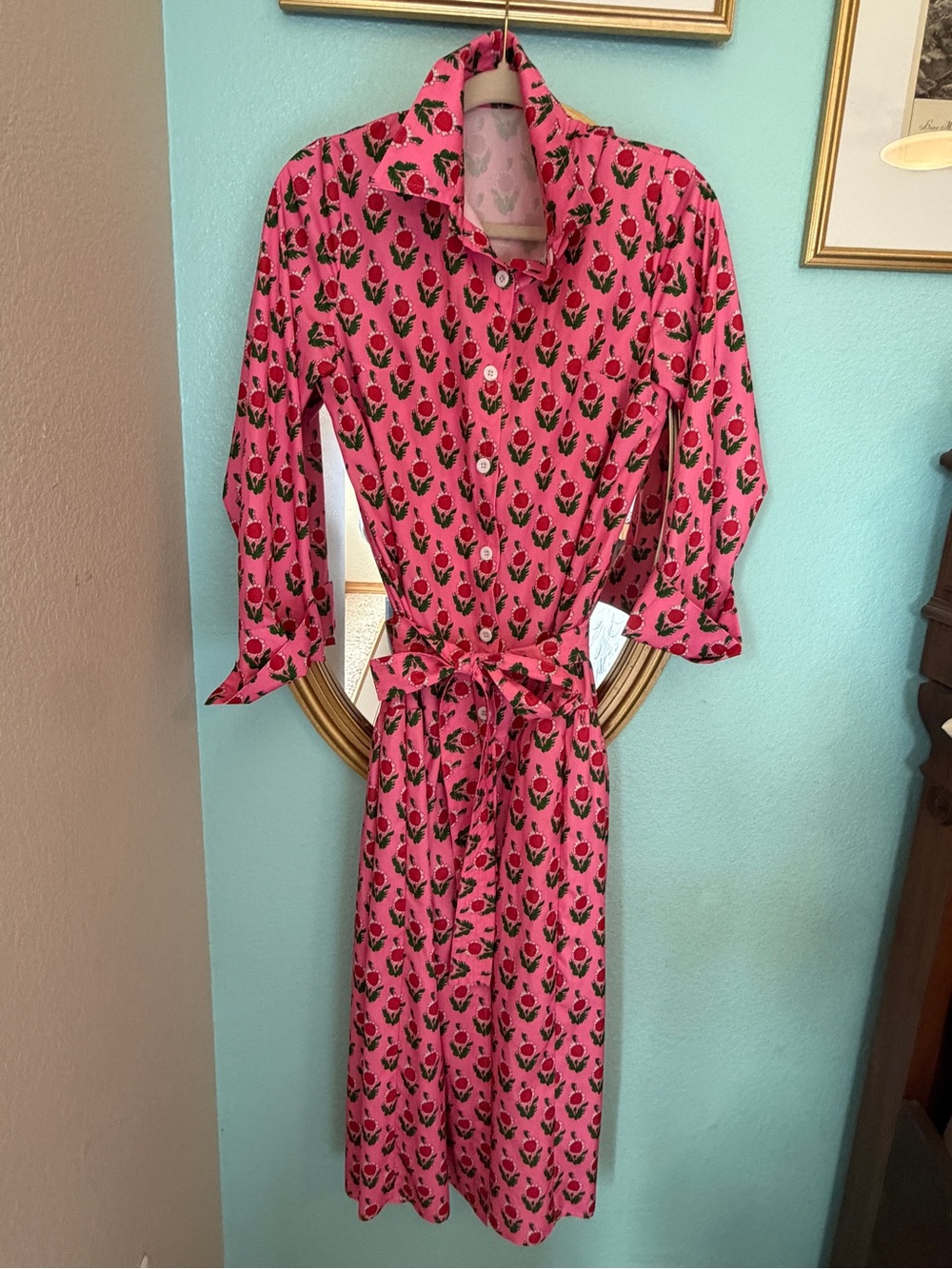 SundayUP Boutique Pink Floral Shirt Dress with Tie Waist